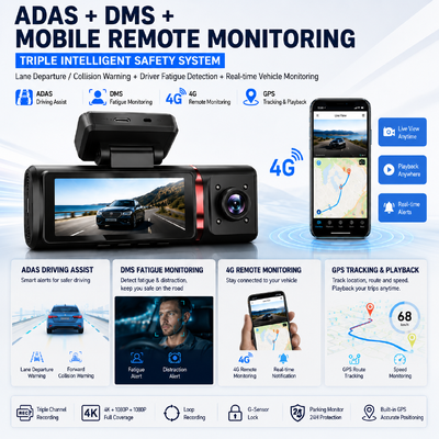 3-kanałowa kamera samochodowa AI 4G, 4K z przodu, ADAS i DMS, śledzenie GPS, całodobowy monitor parkowania
