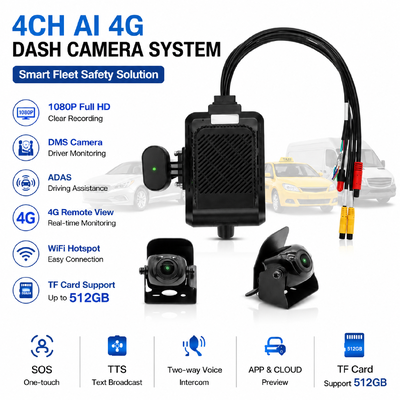 4-kanałowa AI Inteligentna kamera 4G Dash, ADAS + DMS + BSD Active Safety,1080P+720P Nagrywanie dla taksówek