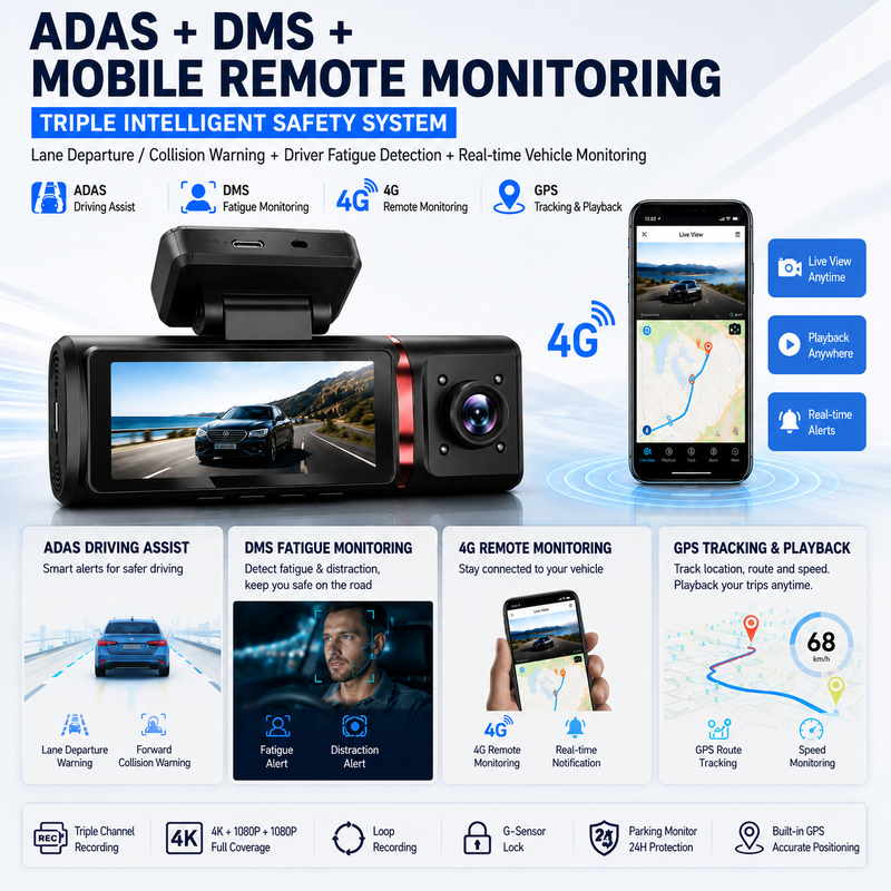 3-kanałowa kamera samochodowa AI 4G, 4K z przodu, ADAS i DMS, śledzenie GPS, całodobowy monitor parkowania